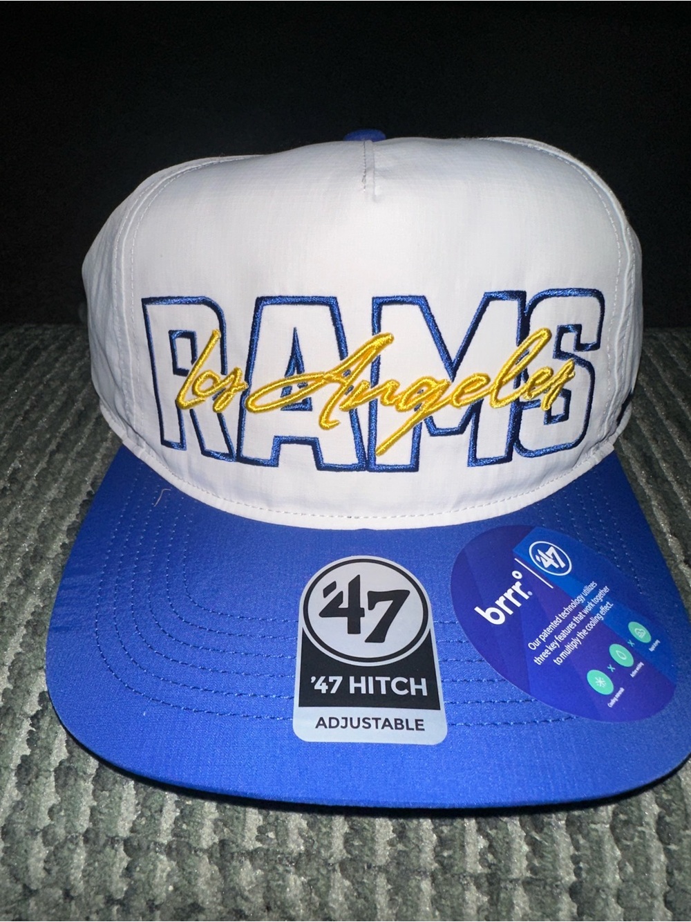 47 Los Angeles Rams White and Royal Blue Snapback Hat with Yellow Script
